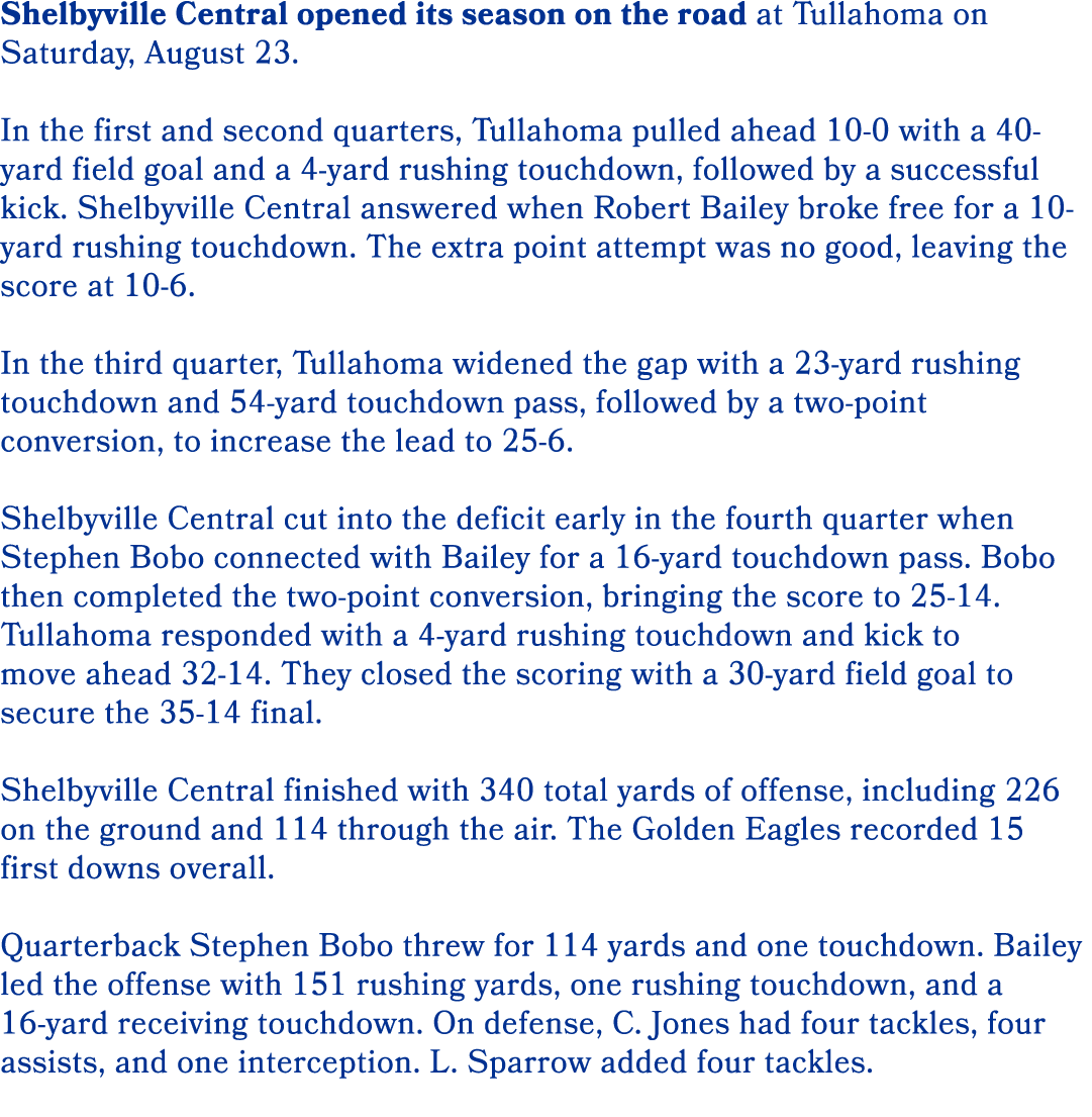 Shelbyville Central opened its season on the road at Tullahoma on Saturday, August 23. In the first and second quarte...