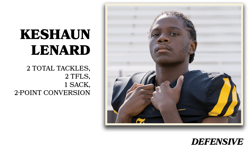 defensive ,2 total tackles, 2 TFLs, 1 sack, 2 point conversion,Keshaun Lenar