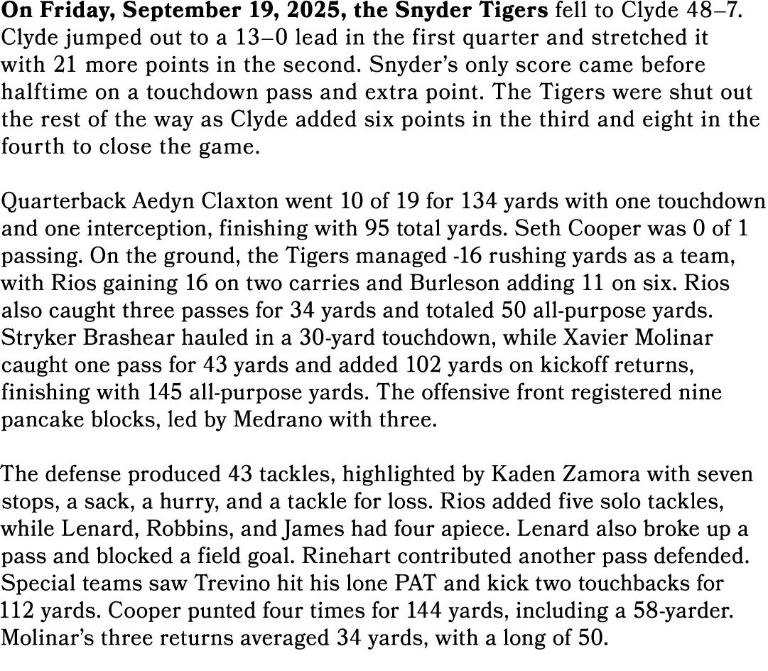 On Friday, September 19, 2025, the Snyder Tigers fell to Clyde 48–7. Clyde jumped out to a 13–0 lead in the first qua...