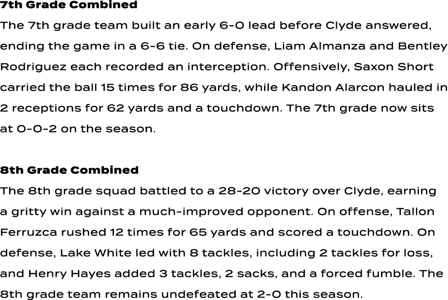 7th Grade Combined The 7th grade team built an early 6 0 lead before Clyde answered, ending the game in a 6 6 tie. On...