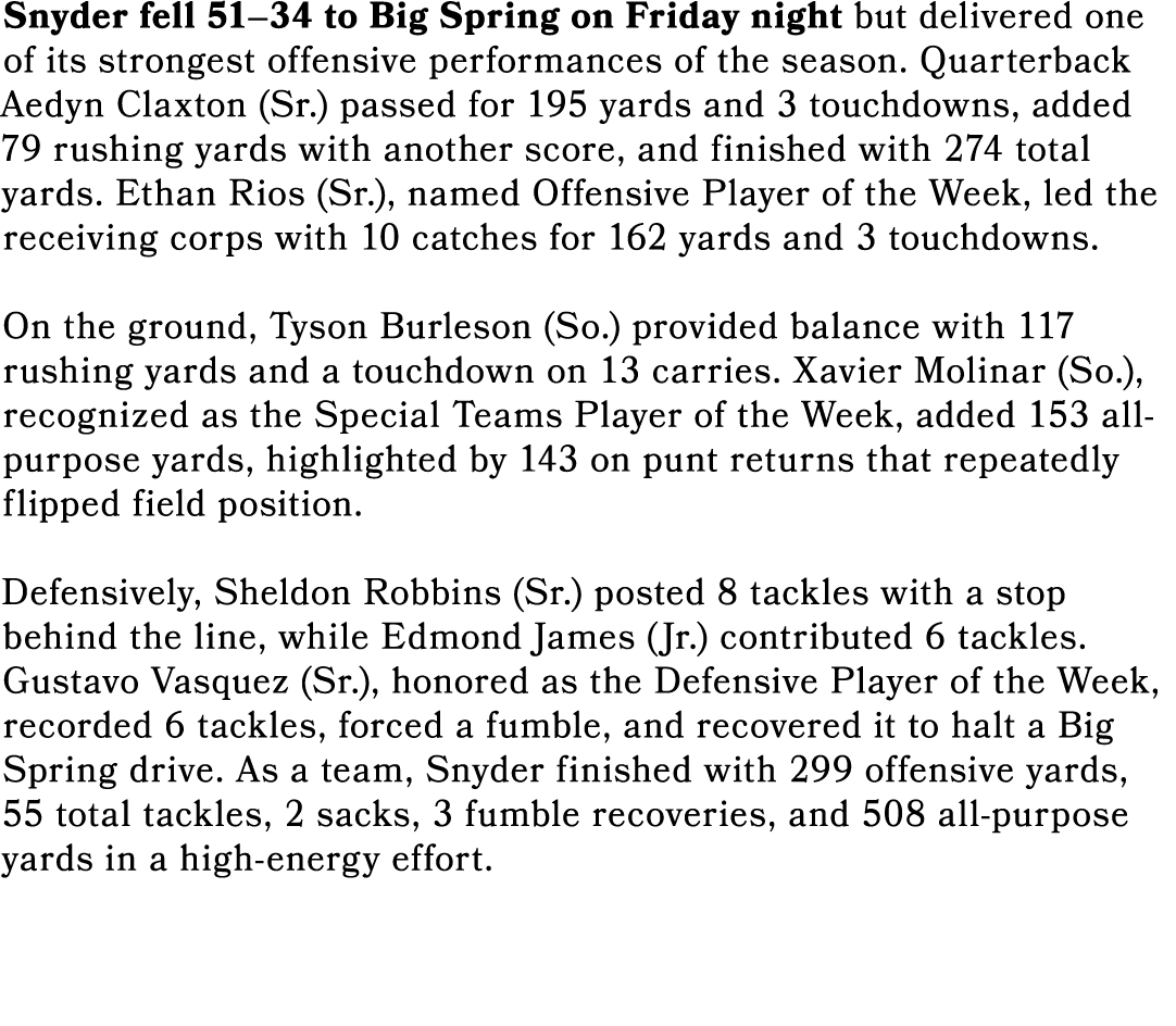 Snyder fell 51–34 to Big Spring on Friday night but delivered one of its strongest offensive performances of the seas...
