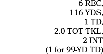 6 REC, 116 YDS, 1 TD, 2.0 TOT TKL, 2 INT (1 for 99 YD TD)
