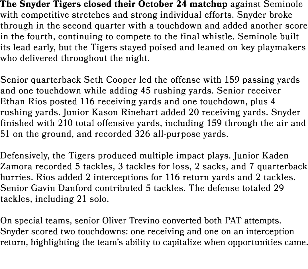 The Snyder Tigers closed their October 24 matchup against Seminole with competitive stretches and strong individual e...