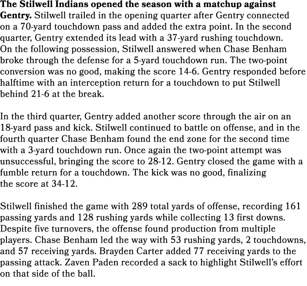 The Stilwell Indians opened the season with a matchup against Gentry. Stilwell trailed in the opening quarter after G...