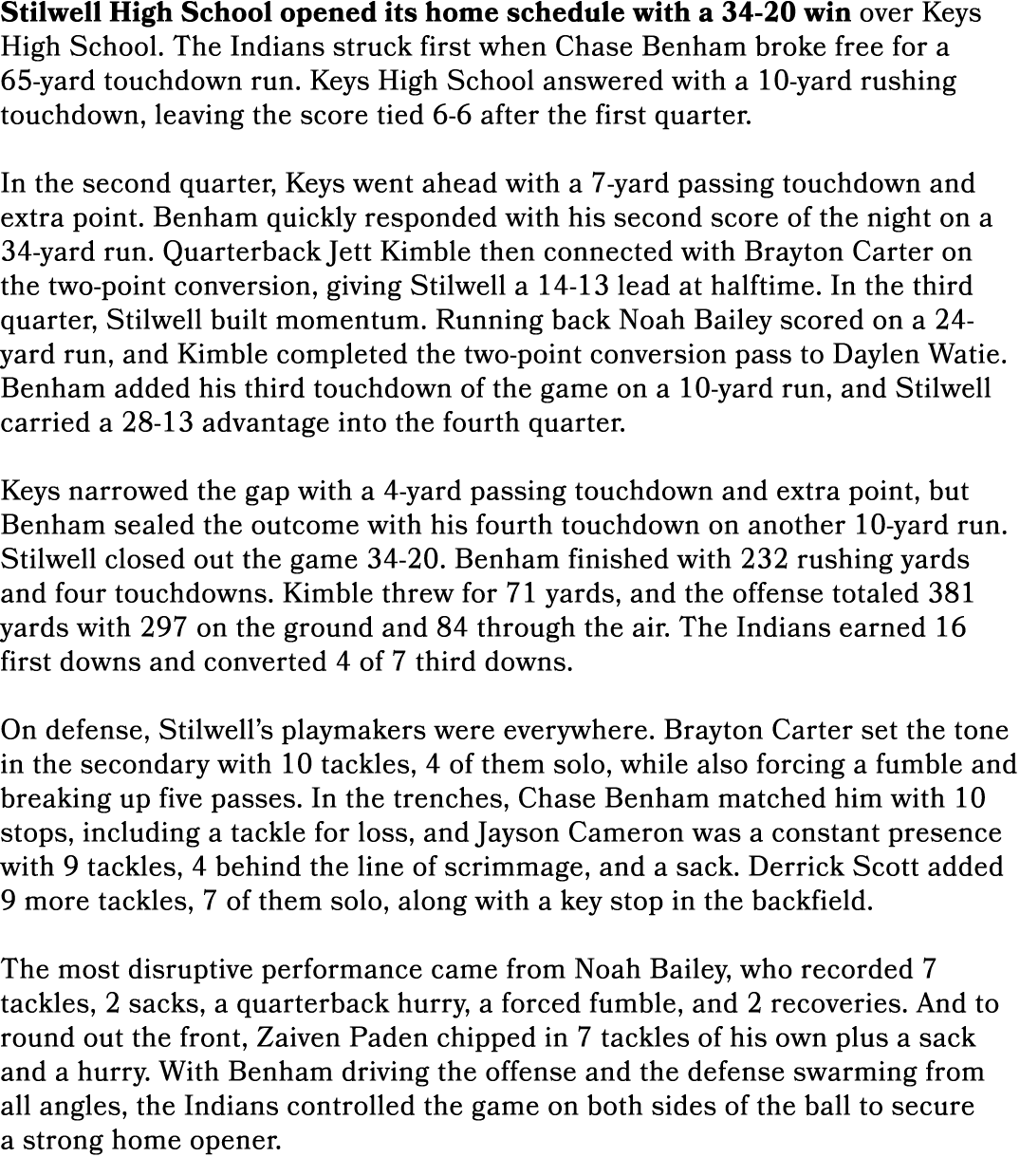 Stilwell High School opened its home schedule with a 34 20 win over Keys High School. The Indians struck first when C...