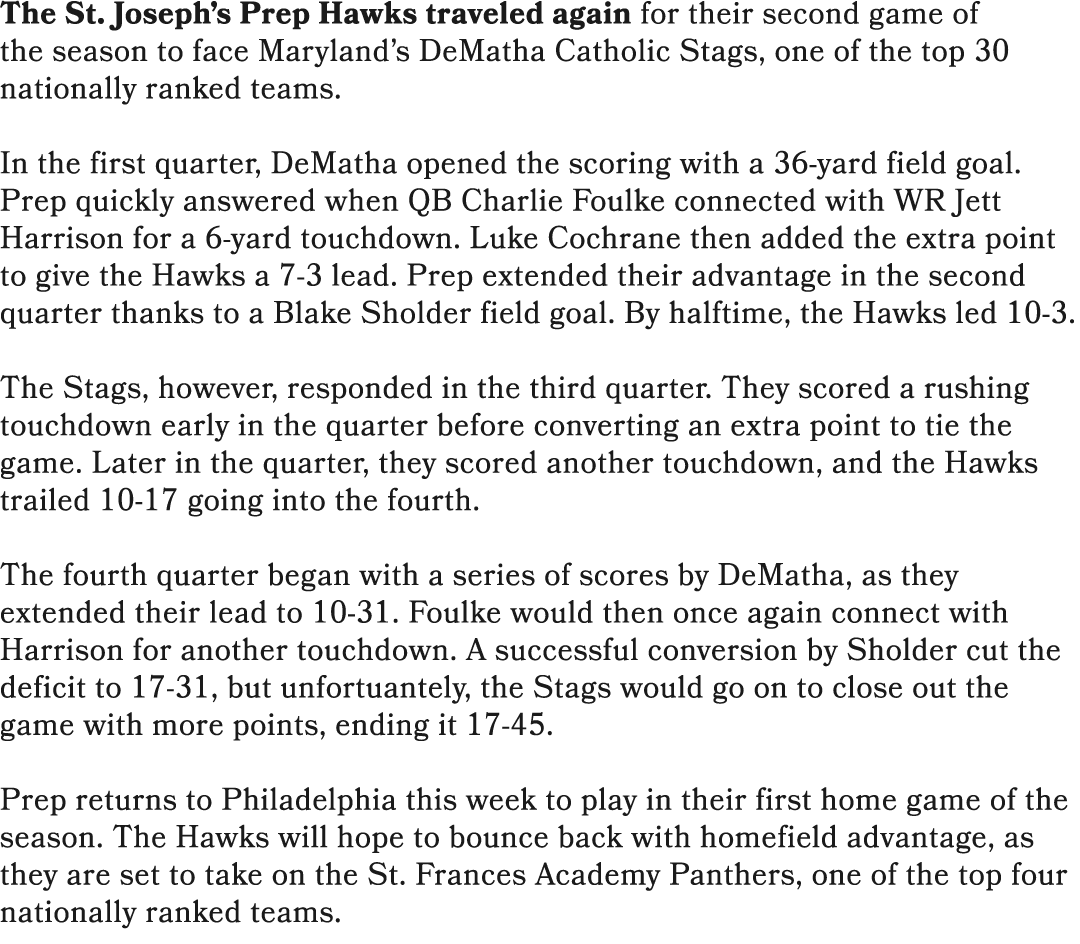 The St. Joseph’s Prep Hawks traveled again for their second game of the season to face Maryland’s DeMatha Catholic St...