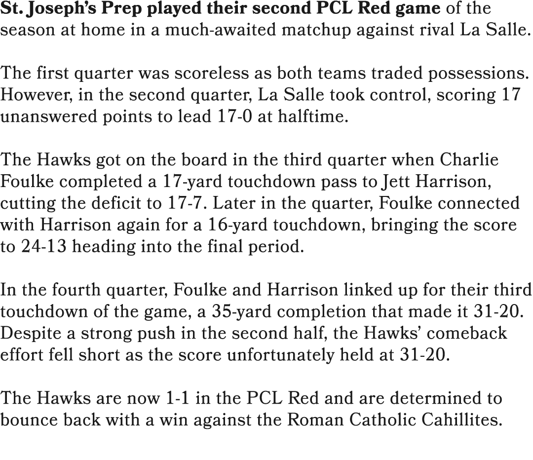 St. Joseph’s Prep played their second PCL Red game of the season at home in a much awaited matchup against rival La S...