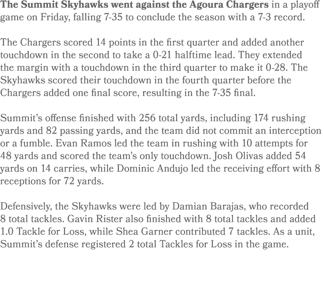 The Summit Skyhawks went against the Agoura Chargers in a playoff game on Friday, falling 7 35 to conclude the season...