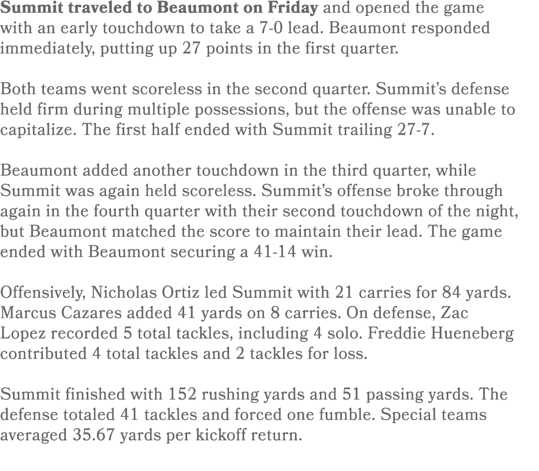 Summit traveled to Beaumont on Friday and opened the game with an early touchdown to take a 7 0 lead. Beaumont respon...