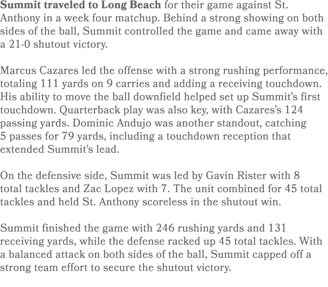 Summit traveled to Long Beach for their game against St. Anthony in a week four matchup. Behind a strong showing on b...