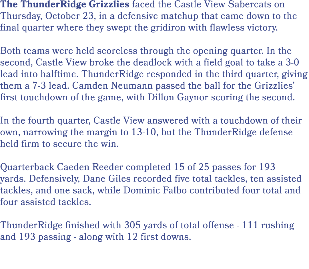 The ThunderRidge Grizzlies faced the Castle View Sabercats on Thursday, October 23, in a defensive matchup that came ...