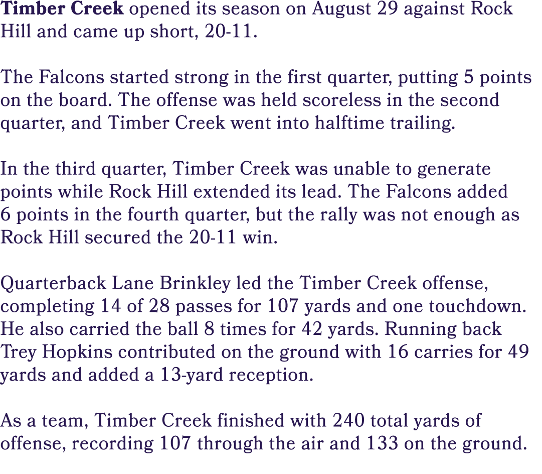 Timber Creek opened its season on August 29 against Rock Hill and came up short, 20 11. The Falcons started strong in...