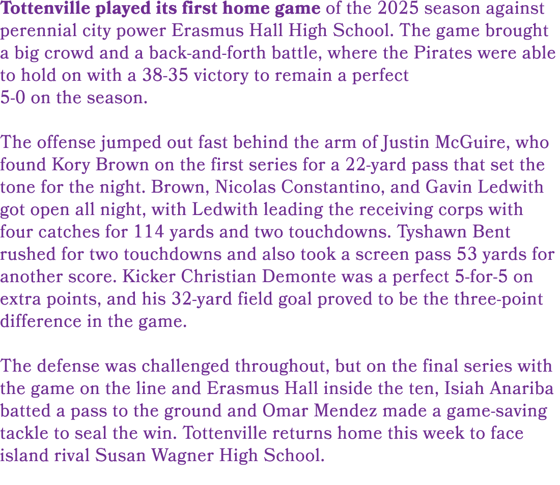 Tottenville played its first home game of the 2025 season against perennial city power Erasmus Hall High School. The ...