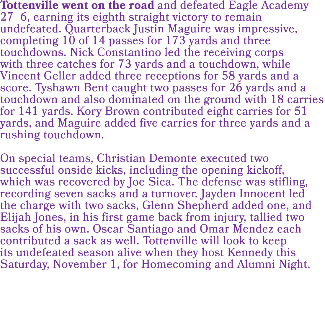Tottenville went on the road and defeated Eagle Academy 27–6, earning its eighth straight victory to remain undefeate...