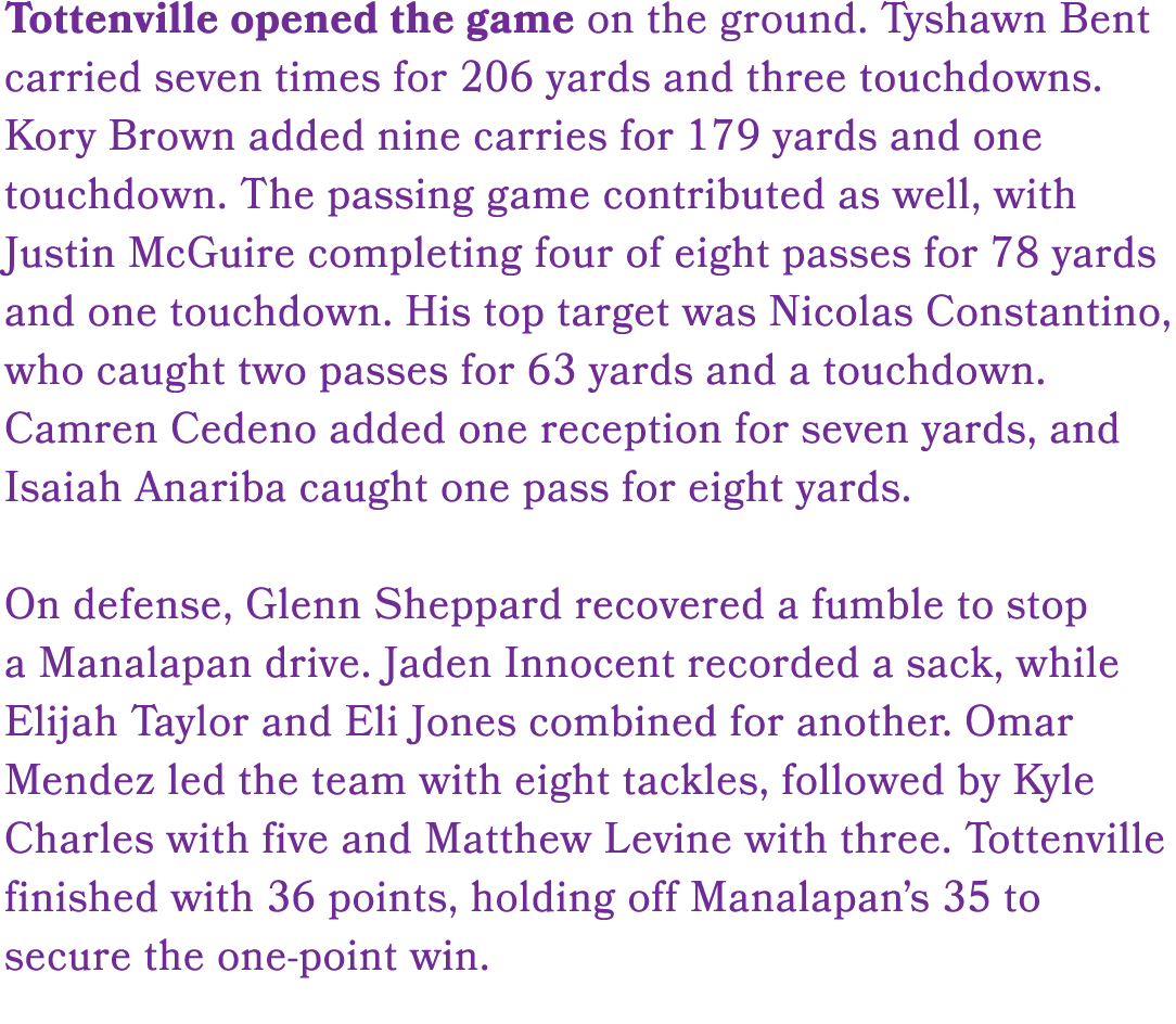 Tottenville opened the game on the ground. Tyshawn Bent carried seven times for 206 yards and three touchdowns. Kory ...