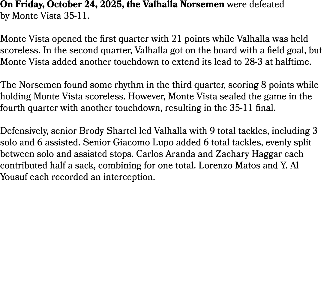 On Friday, October 24, 2025, the Valhalla Norsemen were defeated by Monte Vista 35 11. Monte Vista opened the first q...