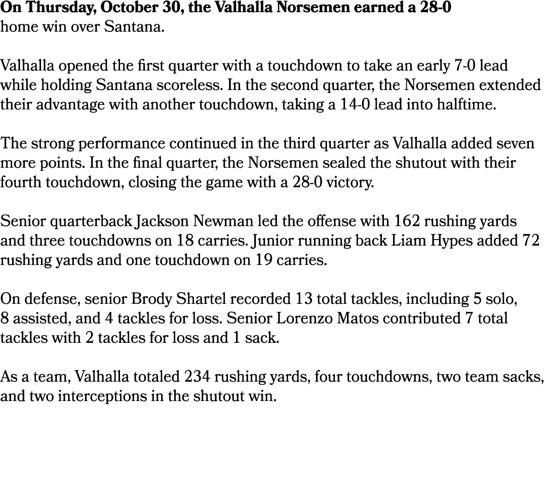 On Thursday, October 30, the Valhalla Norsemen earned a 28 0 home win over Santana. Valhalla opened the first quarter...