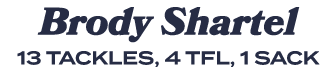 Brody Shartel 13 tackles, 4 TFL, 1 sacK