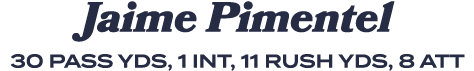 Jaime Pimentel 30 PASS yds, 1 INT, 11 RUSH YDS, 8 ATT