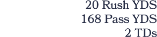 20 Rush YDS 168 Pass YDS 2 TDs