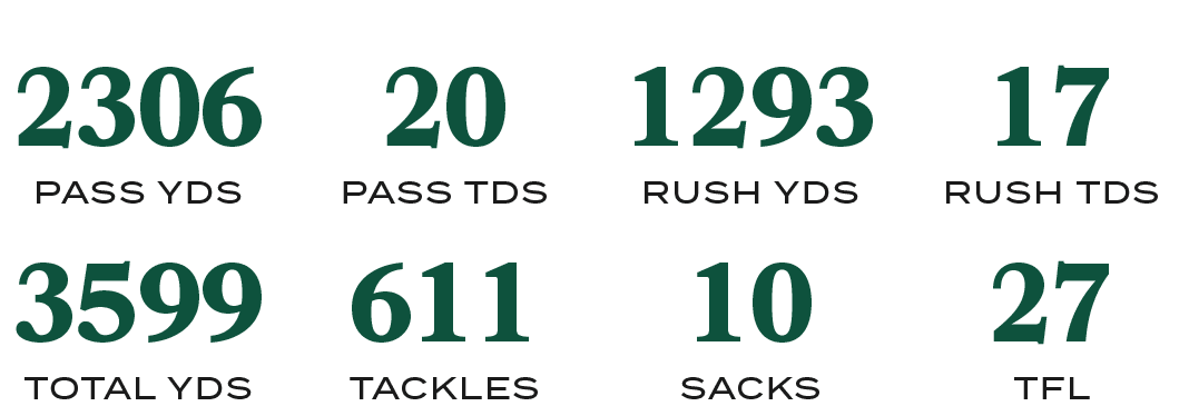 TFL,27,SACKS,10,TACKLES,611,TOTAL YDS,3599,RUSH TDS,17,RUSH YDS,1293,PASS TDS,20,PASS YDS,230