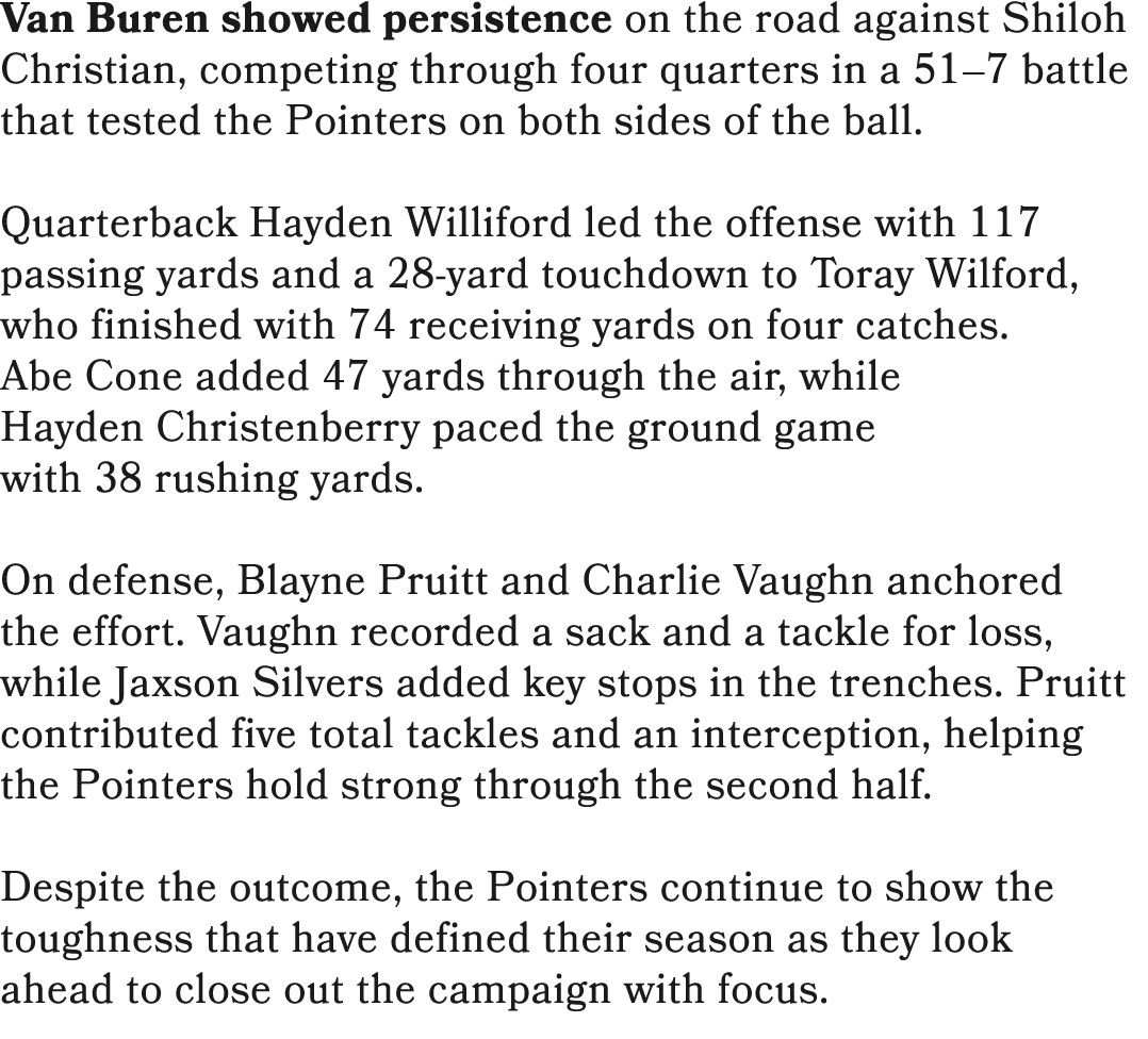 Van Buren showed persistence on the road against Shiloh Christian, competing through four quarters in a 51–7 battle t...