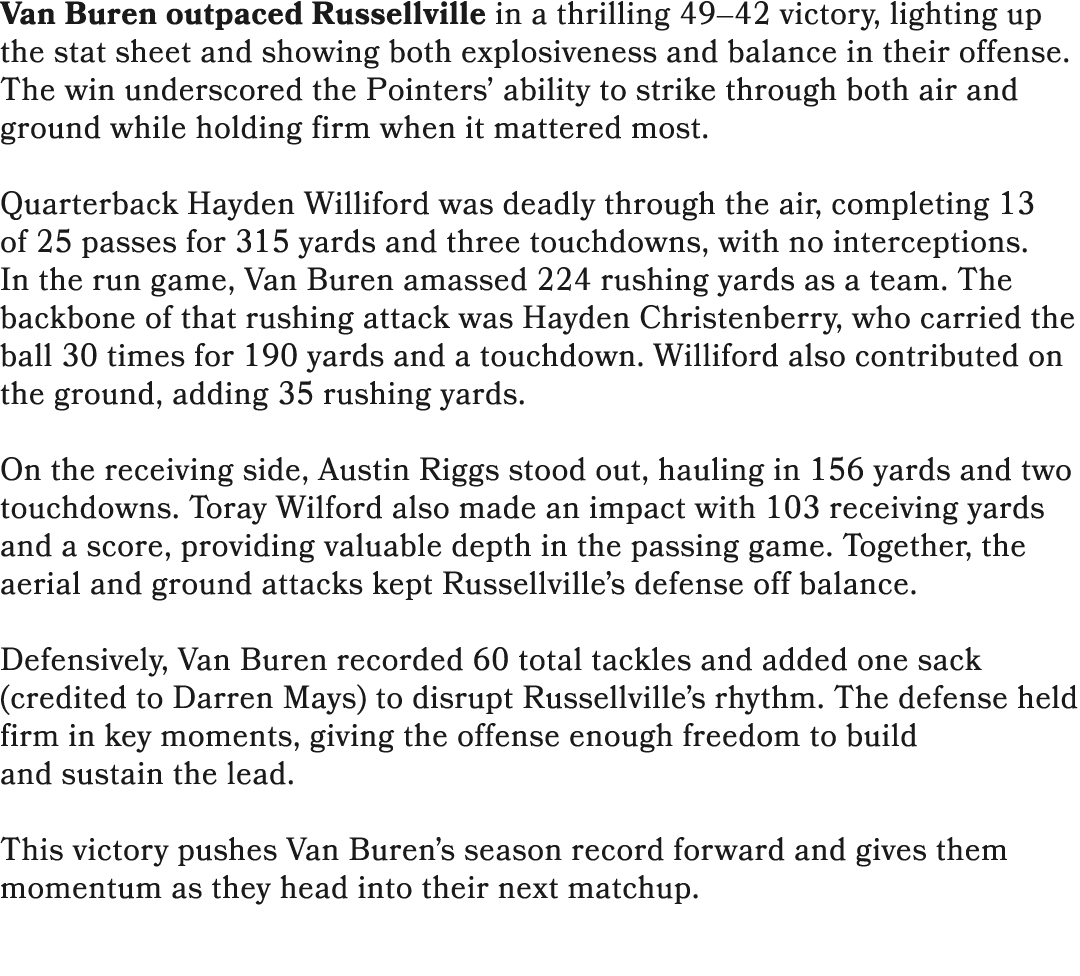 Van Buren outpaced Russellville in a thrilling 49–42 victory, lighting up the stat sheet and showing both explosivene...