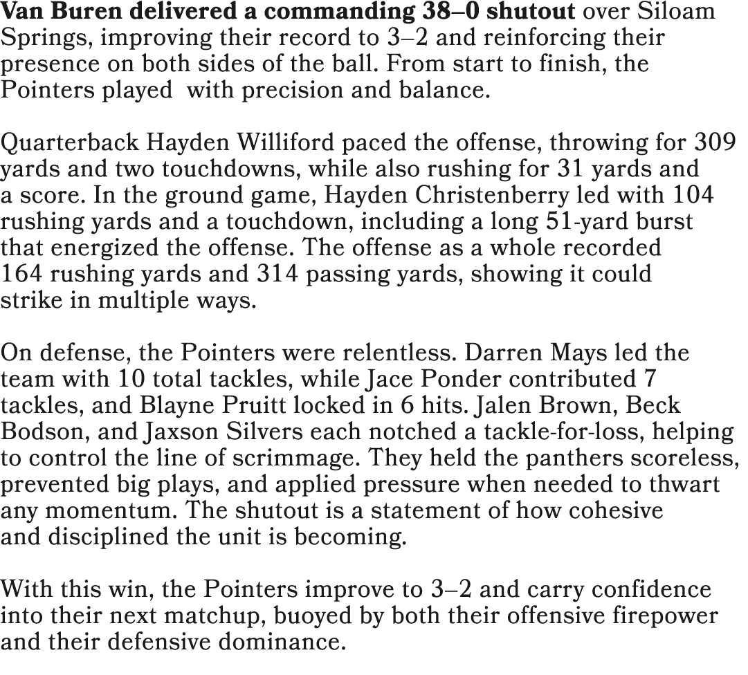 Van Buren delivered a commanding 38–0 shutout over Siloam Springs, improving their record to 3–2 and reinforcing thei...