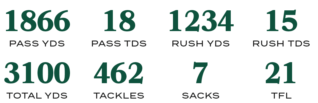 TFL,21,SACKS,7,TACKLES,462,TOTAL YDS,3100,RUSH TDS,15,RUSH YDS,1234,PASS TDS,18,PASS YDS,186