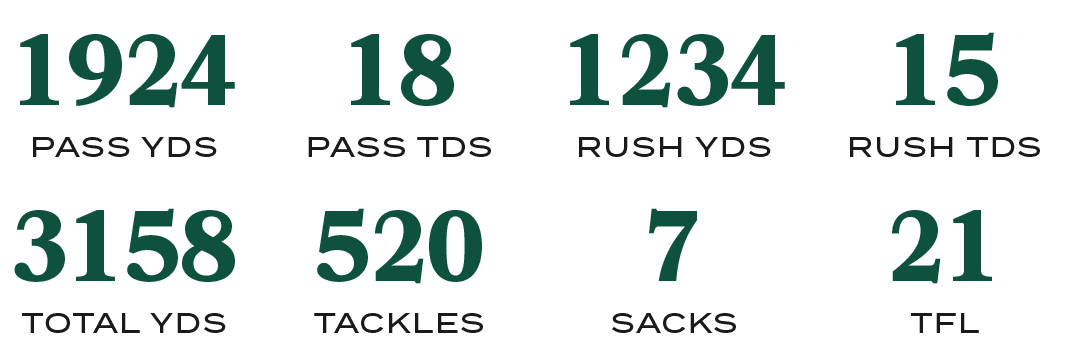 TFL,21,SACKS,7,TACKLES,520,TOTAL YDS,3158,RUSH TDS,15,RUSH YDS,1234,PASS TDS,18,PASS YDS,192