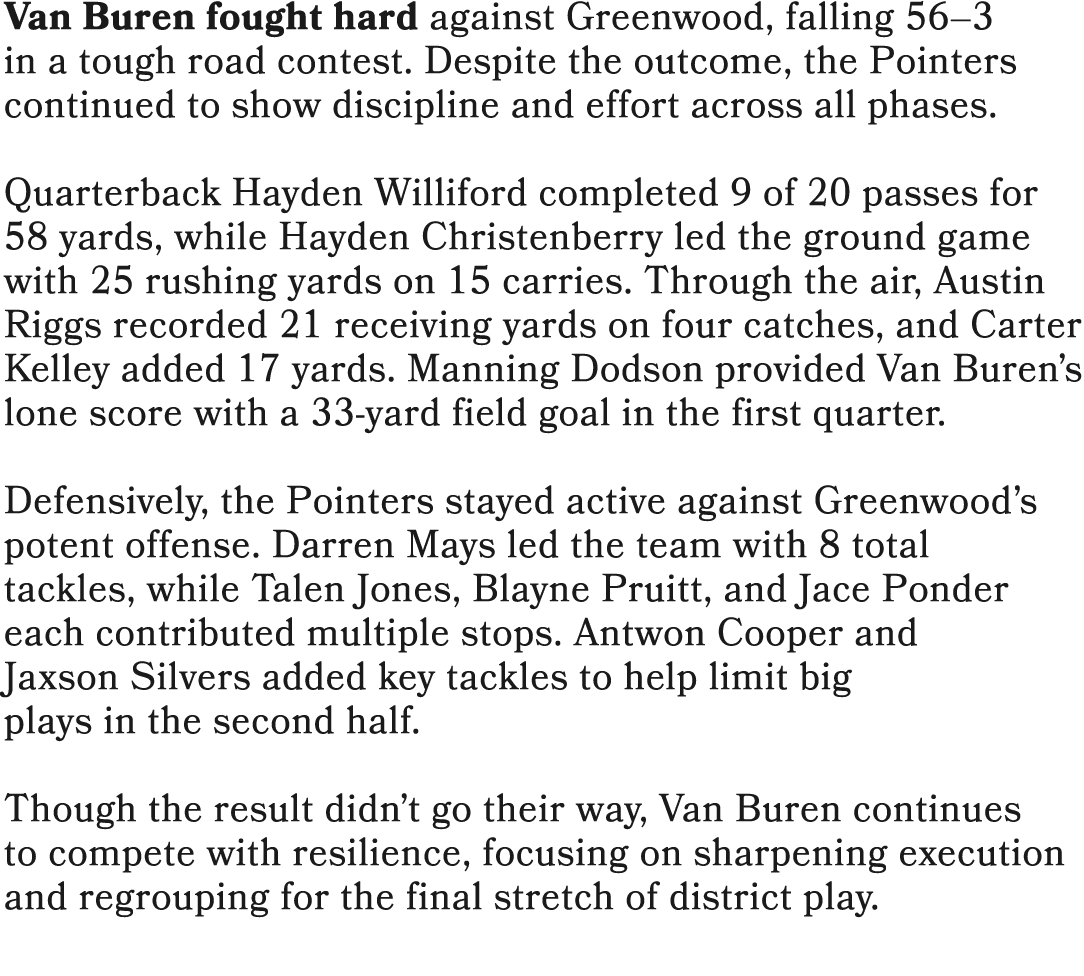 Van Buren fought hard against Greenwood, falling 56–3 in a tough road contest. Despite the outcome, the Pointers cont...