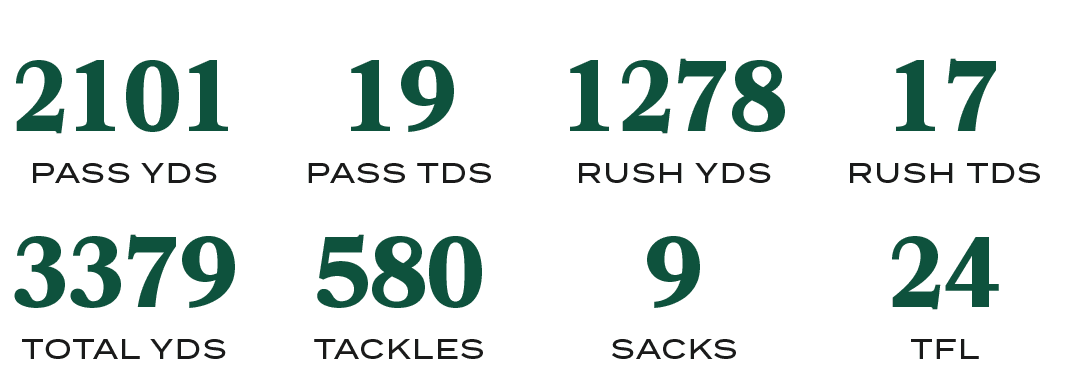 TFL,24,SACKS,9,TACKLES,580,TOTAL YDS,3379,RUSH TDS,17,RUSH YDS,1278,PASS TDS,19,PASS YDS,210