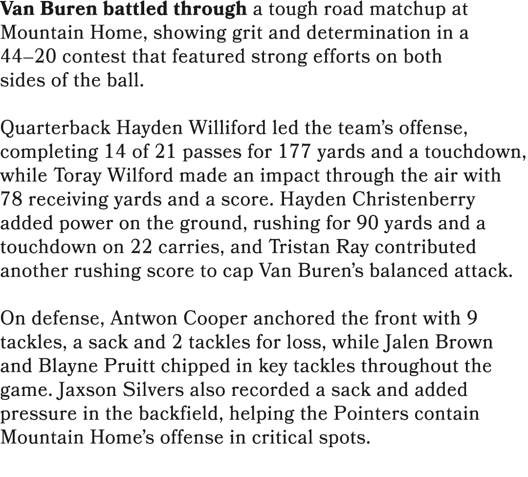 Van Buren battled through a tough road matchup at Mountain Home, showing grit and determination in a 44–20 contest th...