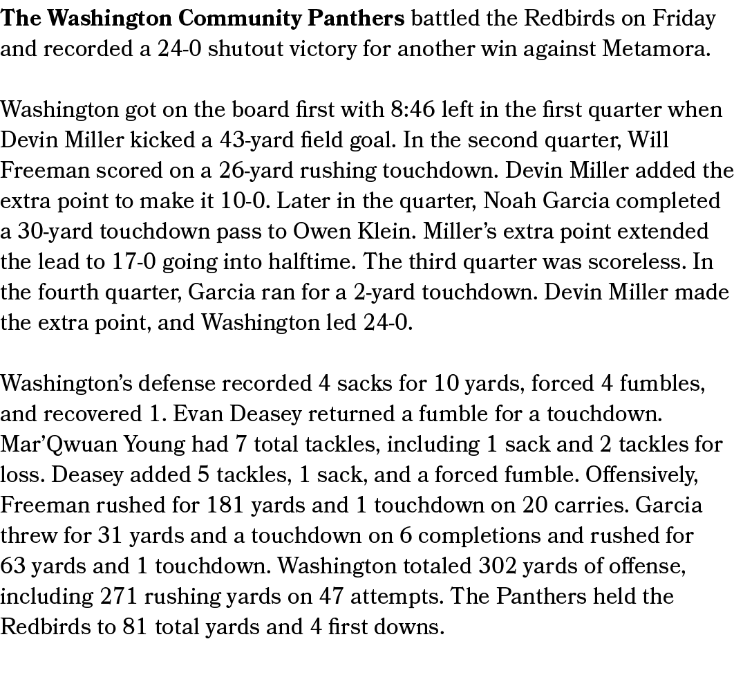 The Washington Community Panthers battled the Redbirds on Friday and recorded a 24 0 shutout victory for another win ...