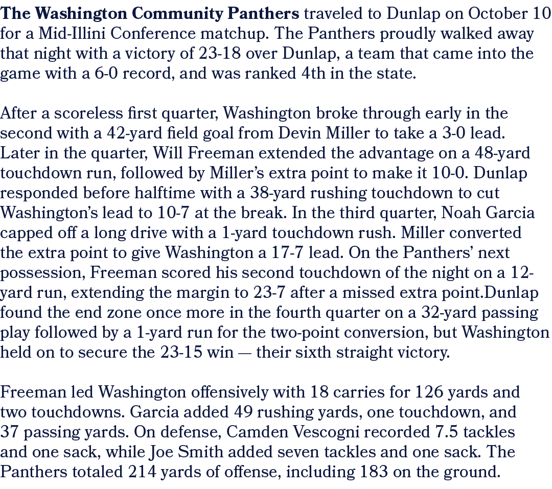 The Washington Community Panthers traveled to Dunlap on October 10 for a Mid Illini Conference matchup. The Panthers ...