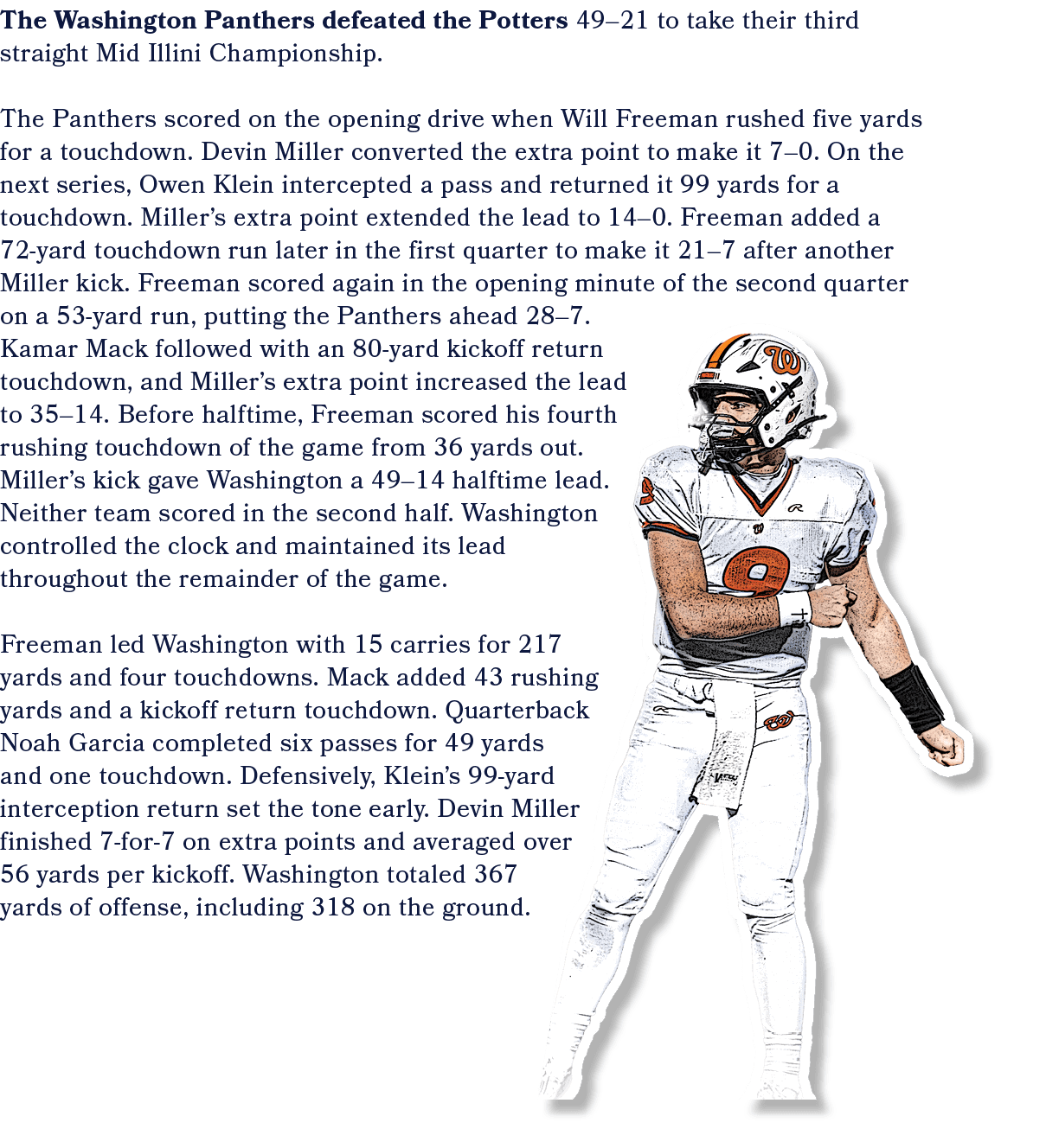 The Washington Panthers defeated the Potters 49–21 to take their third straight Mid Illini Championship. The Panthers...