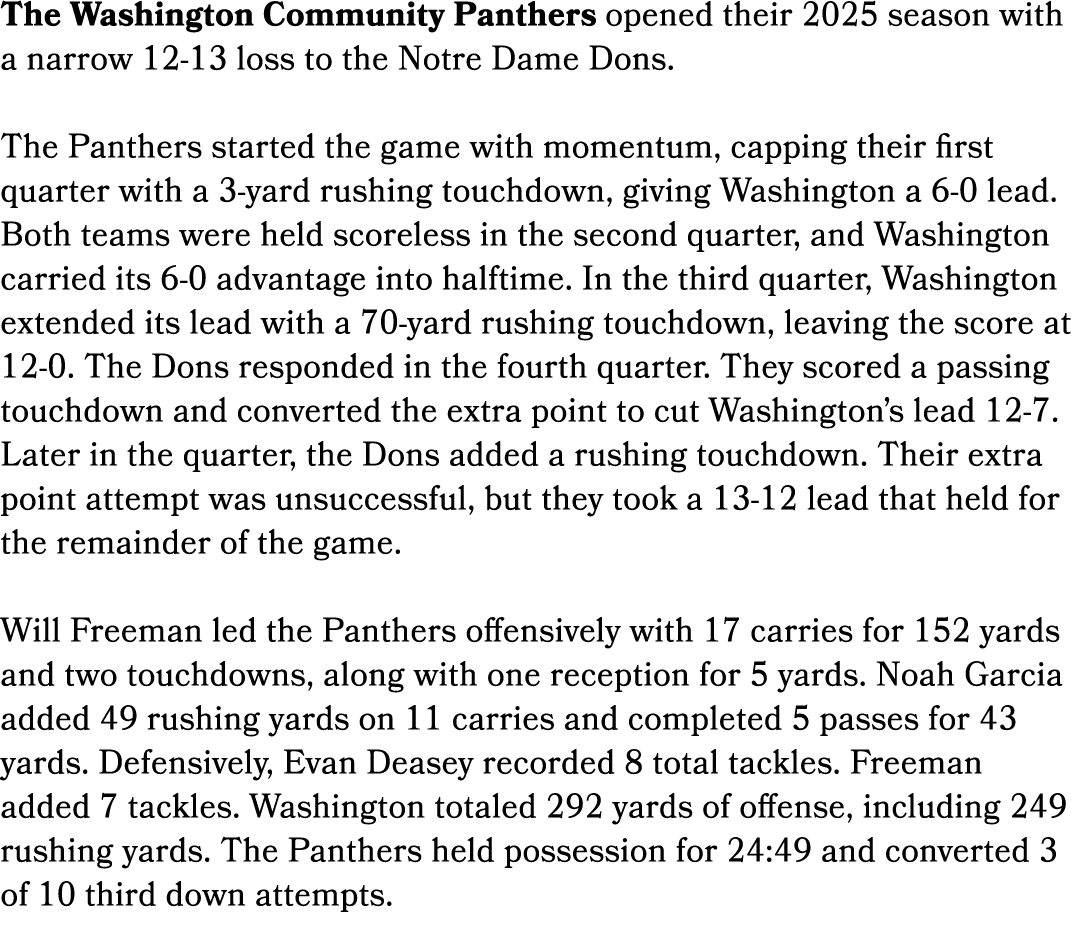 The Washington Community Panthers opened their 2025 season with a narrow 12 13 loss to the Notre Dame Dons. The Panth...