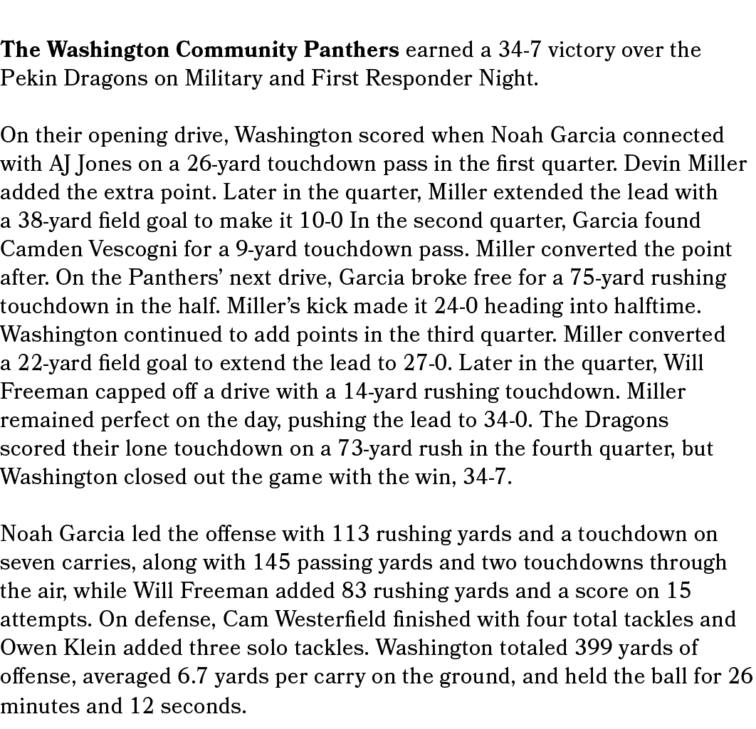 The Washington Community Panthers earned a 34 7 victory over the Pekin Dragons on Military and First Responder Night....