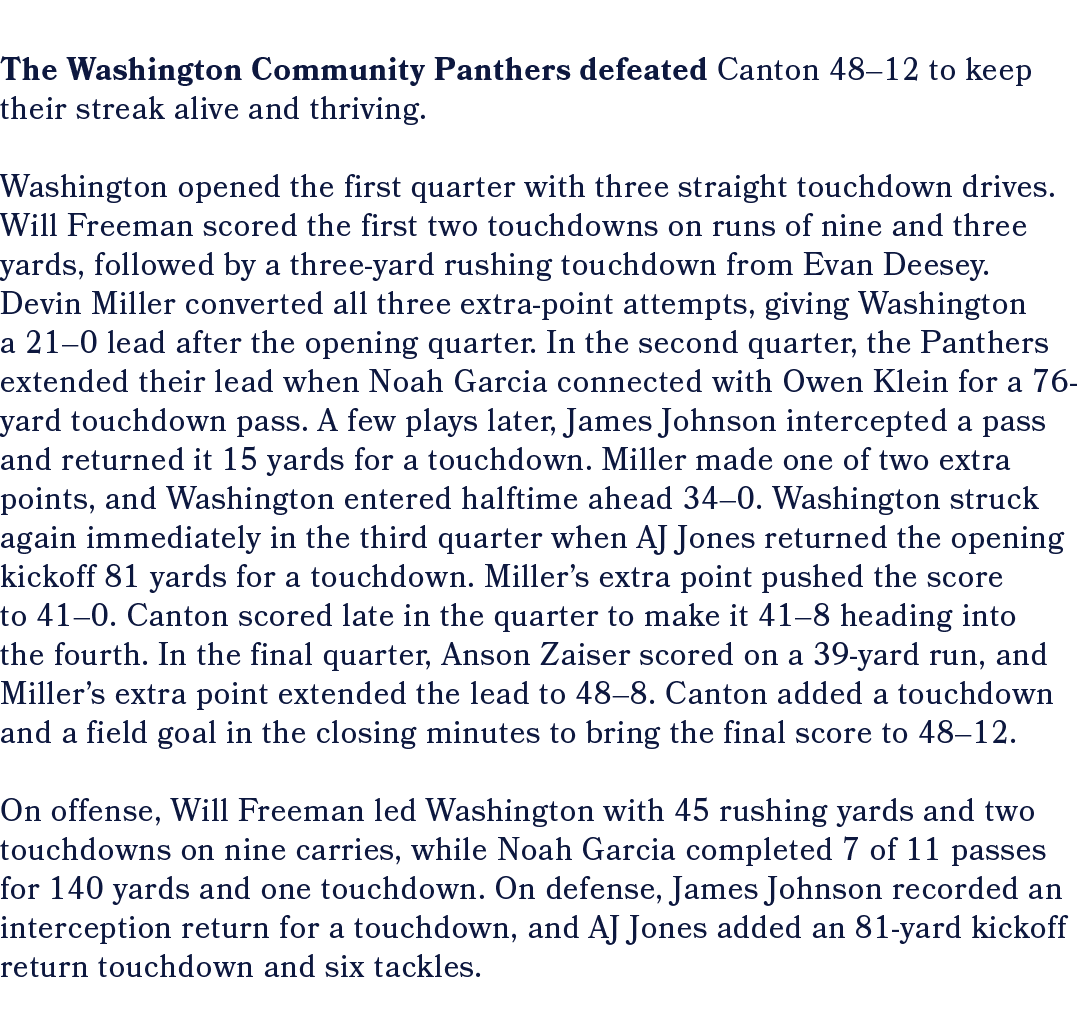 The Washington Community Panthers defeated Canton 48–12 to keep their streak alive and thriving. Washington opened th...