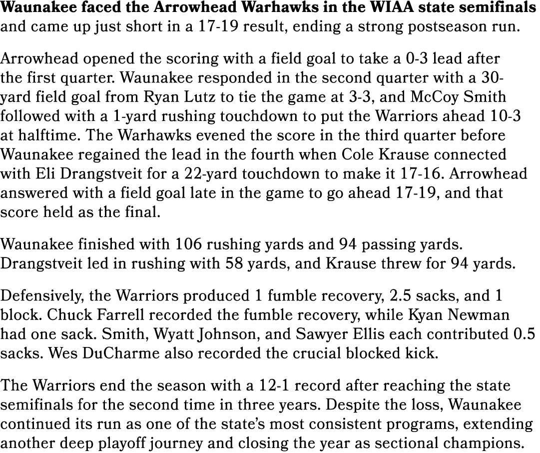 Waunakee faced the Arrowhead Warhawks in the WIAA state semifinals and came up just short in a 17 19 result, ending a...