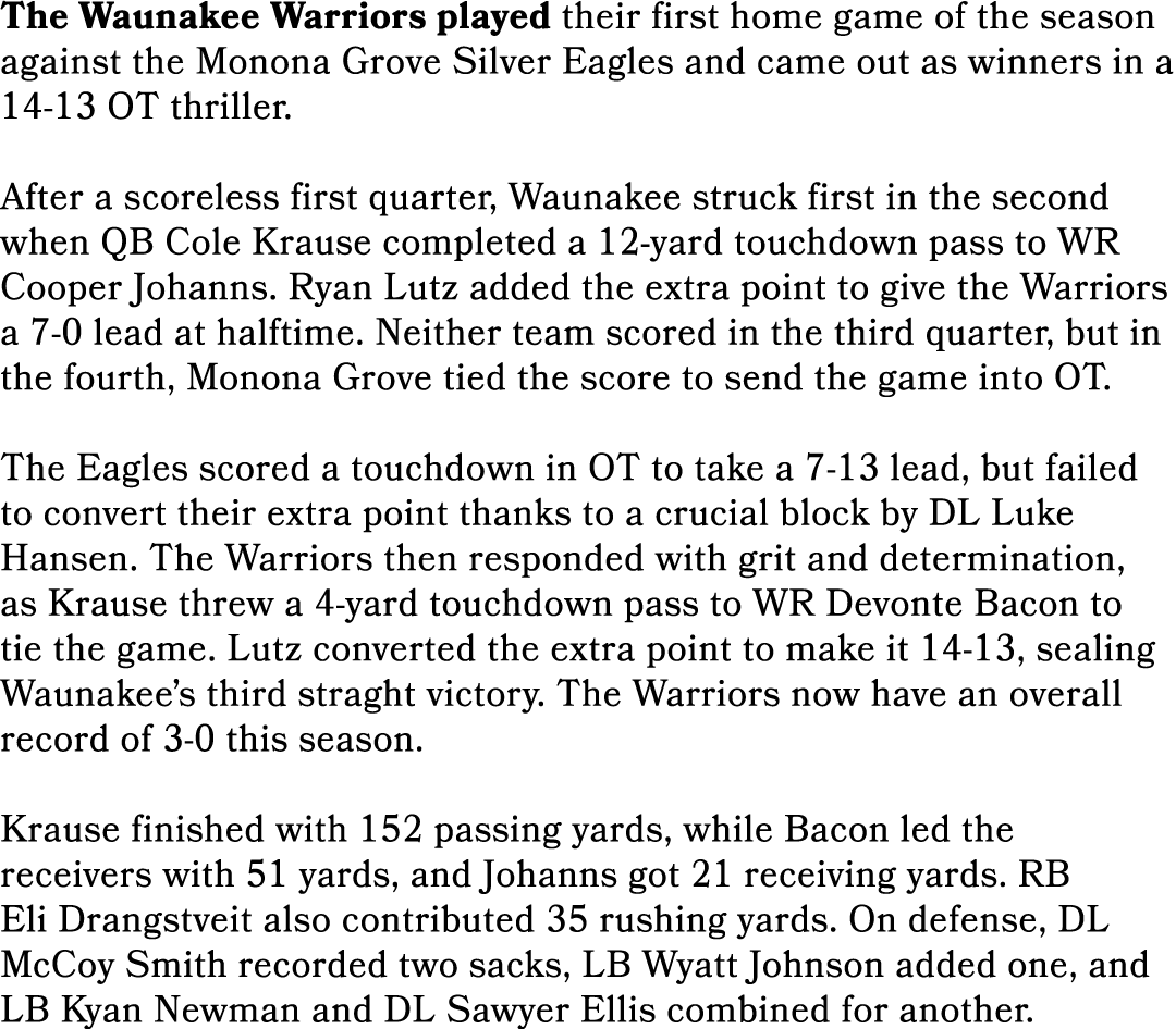 The Waunakee Warriors played their first home game of the season against the Monona Grove Silver Eagles and came out ...