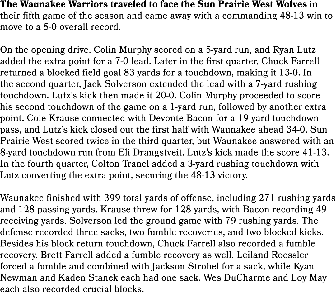 The Waunakee Warriors traveled to face the Sun Prairie West Wolves in their fifth game of the season and came away wi...