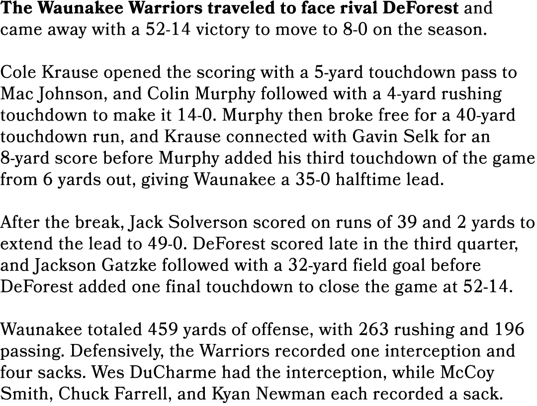 The Waunakee Warriors traveled to face rival DeForest and came away with a 52 14 victory to move to 8 0 on the season...