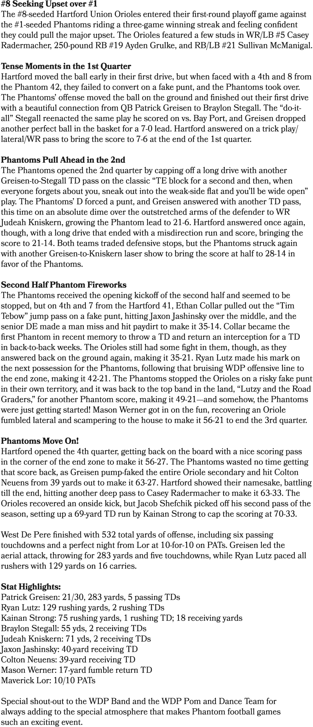 #8 Seeking Upset over #1 The #8 seeded Hartford Union Orioles entered their first round playoff game against the #1 s...