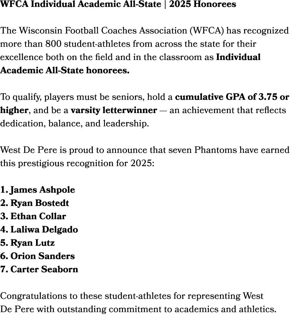 WFCA Individual Academic All State | 2025 Honorees The Wisconsin Football Coaches Association (WFCA) has recognized m...