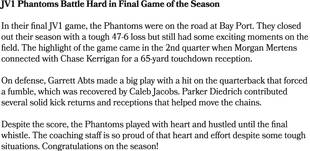 JV1 Phantoms Battle Hard in Final Game of the Season In their final JV1 game, the Phantoms were on the road at Bay Po...