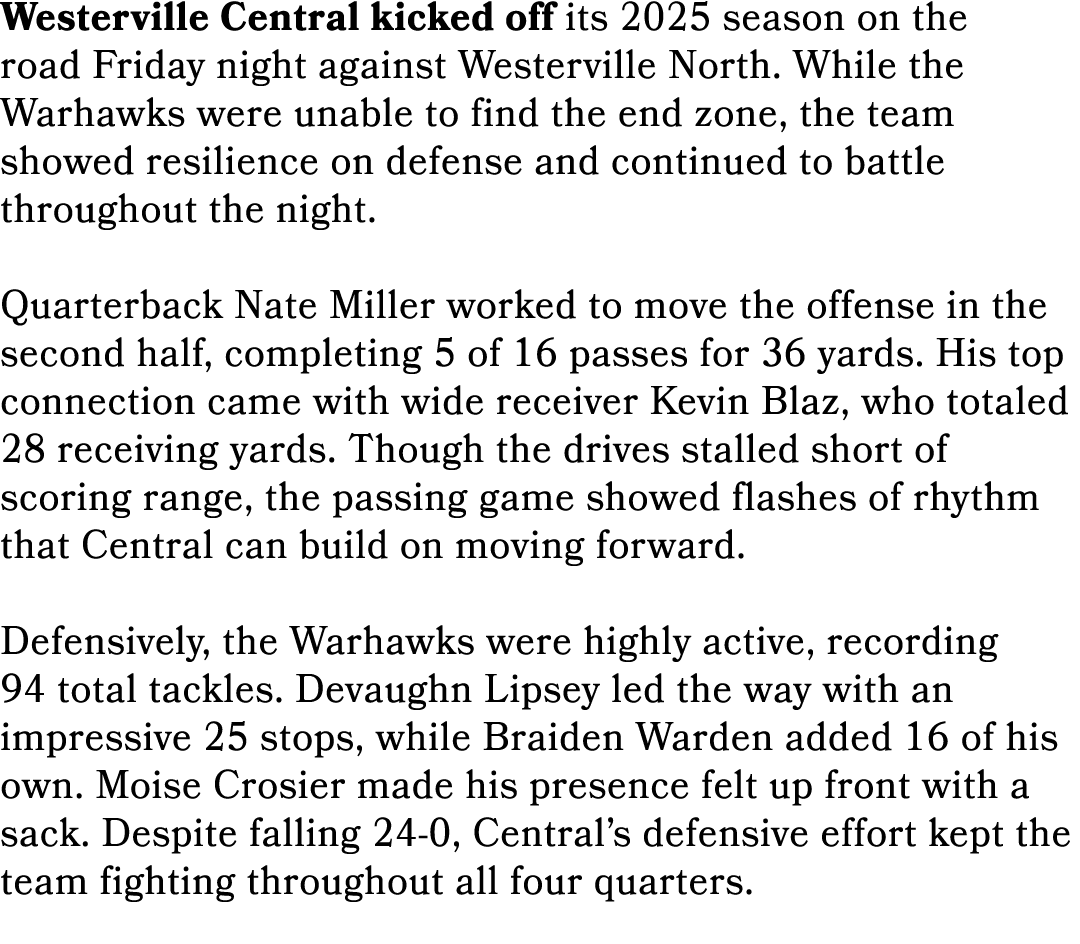 Westerville Central kicked off its 2025 season on the road Friday night against Westerville North. While the Warhawks...