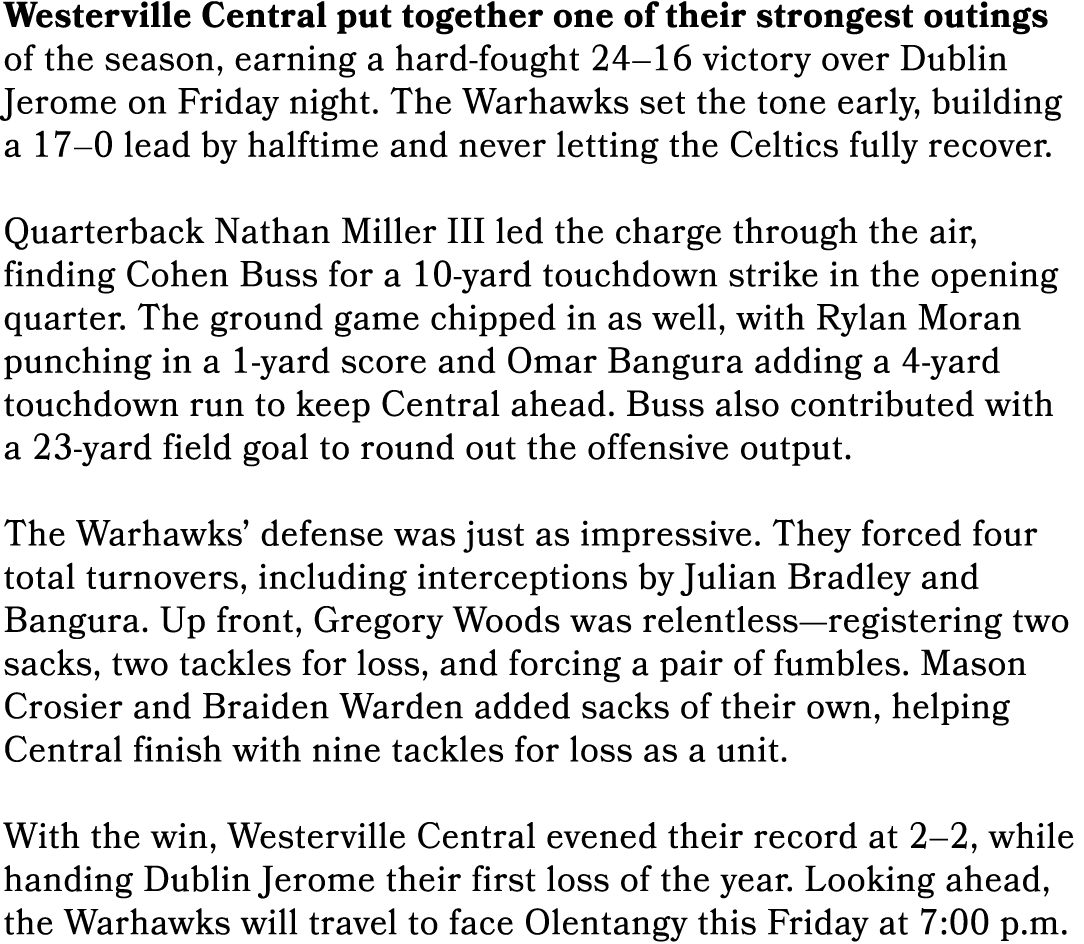 Westerville Central put together one of their strongest outings of the season, earning a hard fought 24–16 victory ov...