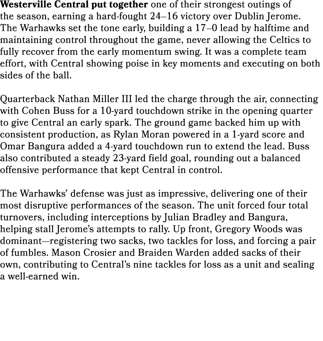 Westerville Central put together one of their strongest outings of the season, earning a hard fought 24–16 victory ov...