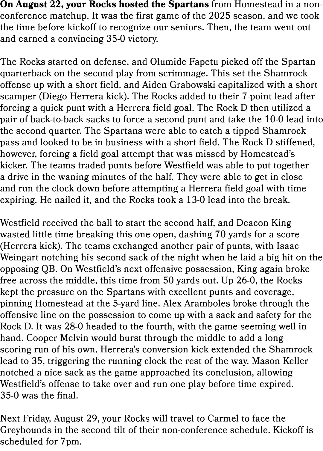 On August 22, your Rocks hosted the Spartans from Homestead in a non conference matchup. It was the first game of the...
